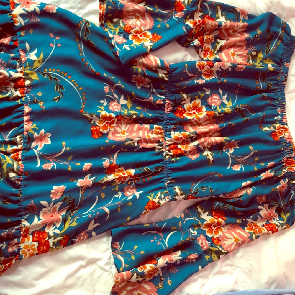 Off shoulder floral Teal dress with bell sleeves